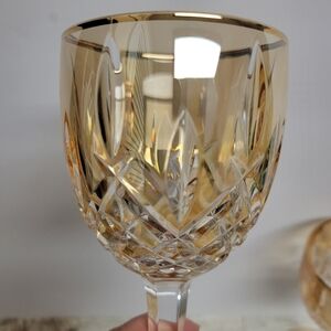 Set of 2 Cre Art  Gold Rimmed Italian Hand Cut 24% Lead Crystal Wine Glasses